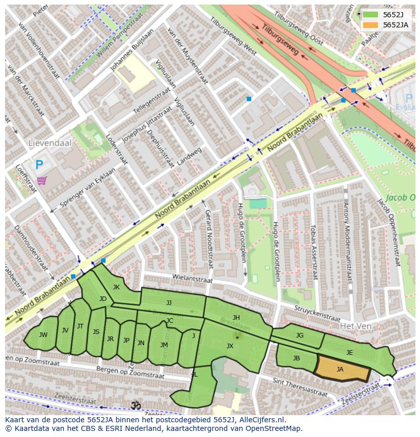 Afbeelding van het postcodegebied 5652 JA op de kaart.