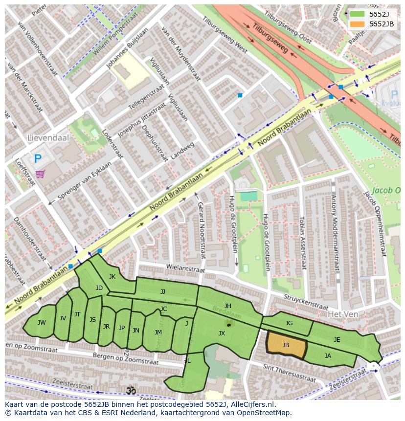 Afbeelding van het postcodegebied 5652 JB op de kaart.