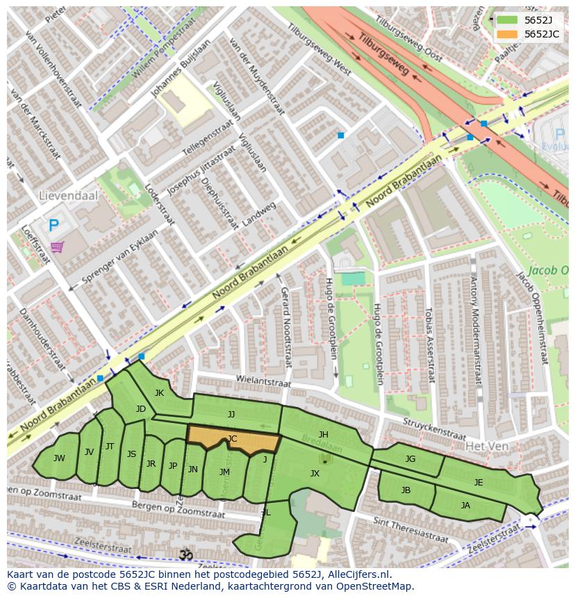 Afbeelding van het postcodegebied 5652 JC op de kaart.