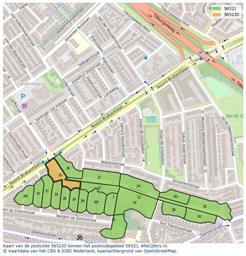 Afbeelding van het postcodegebied 5652 JD op de kaart.