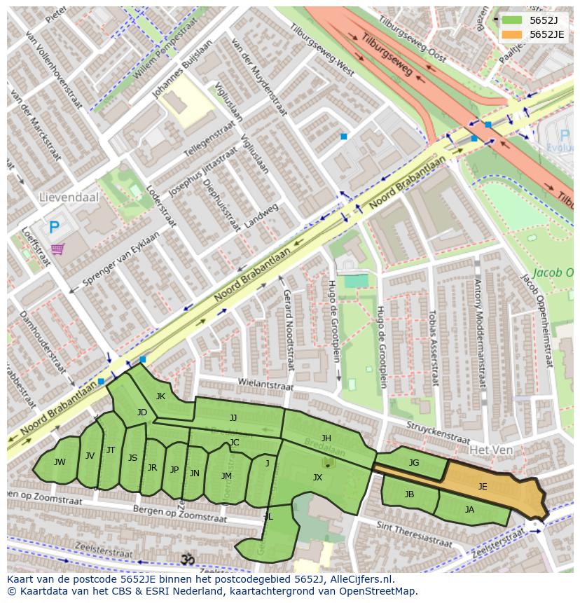 Afbeelding van het postcodegebied 5652 JE op de kaart.