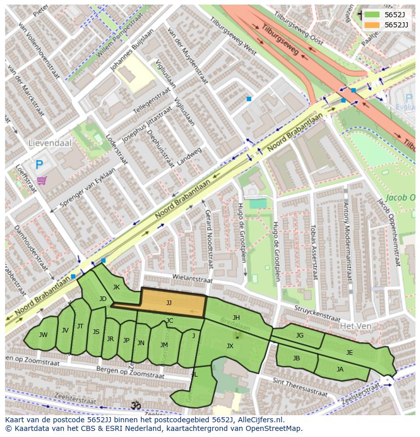 Afbeelding van het postcodegebied 5652 JJ op de kaart.