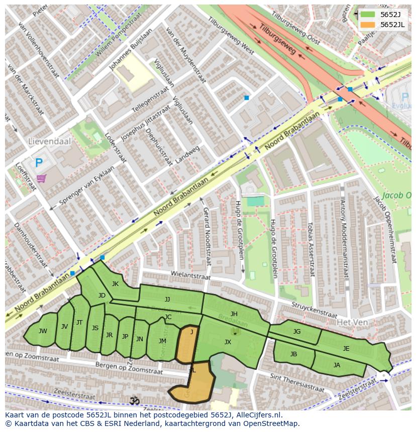 Afbeelding van het postcodegebied 5652 JL op de kaart.