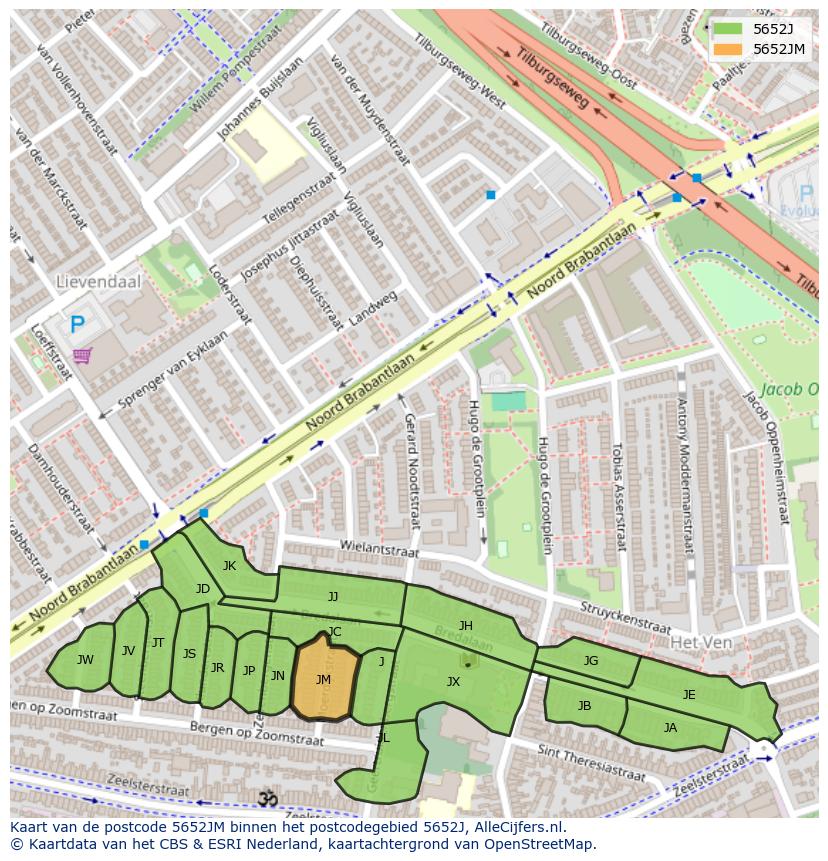 Afbeelding van het postcodegebied 5652 JM op de kaart.