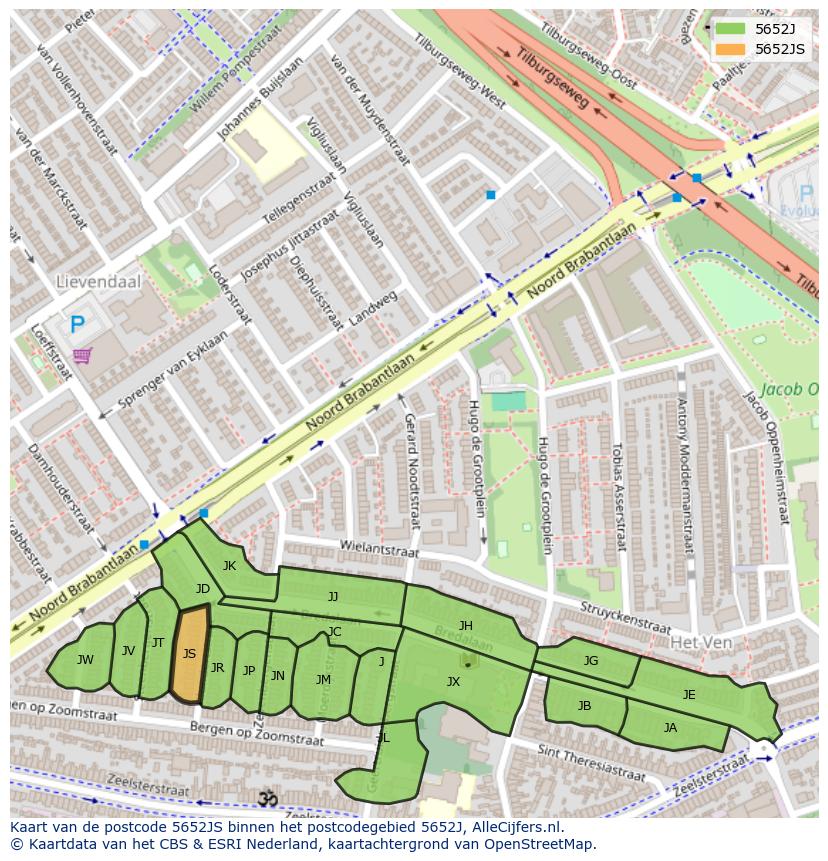 Afbeelding van het postcodegebied 5652 JS op de kaart.