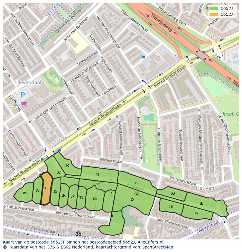 Afbeelding van het postcodegebied 5652 JT op de kaart.
