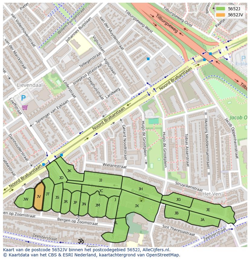 Afbeelding van het postcodegebied 5652 JV op de kaart.