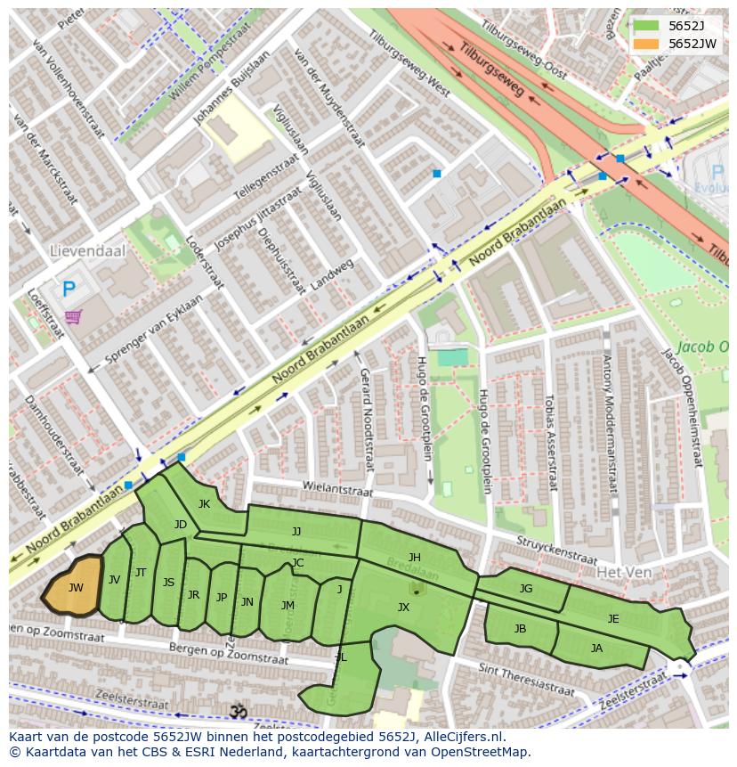 Afbeelding van het postcodegebied 5652 JW op de kaart.