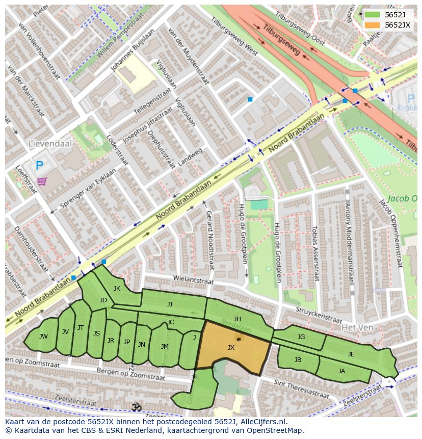 Afbeelding van het postcodegebied 5652 JX op de kaart.