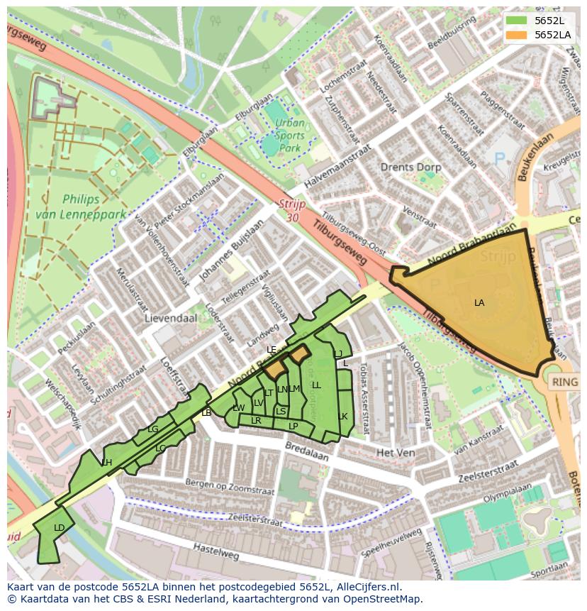 Afbeelding van het postcodegebied 5652 LA op de kaart.