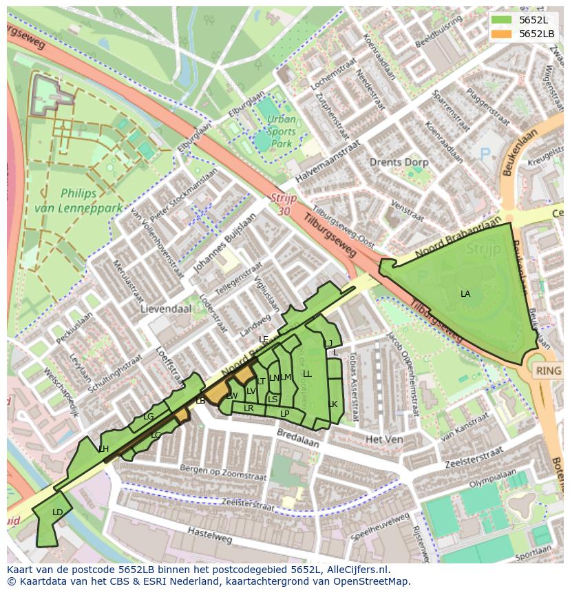 Afbeelding van het postcodegebied 5652 LB op de kaart.
