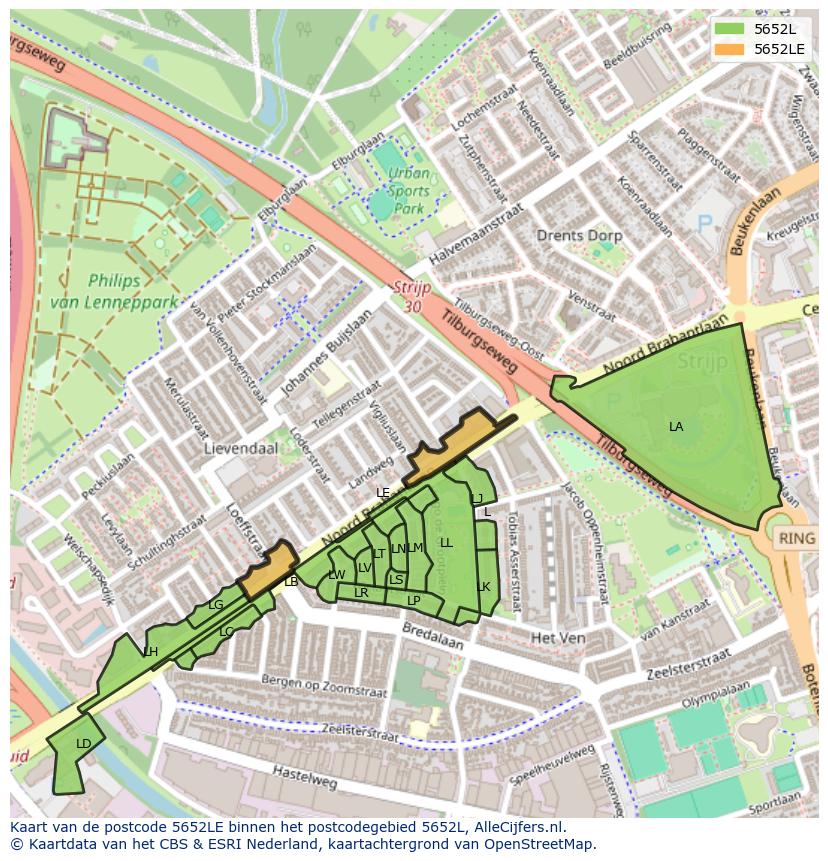 Afbeelding van het postcodegebied 5652 LE op de kaart.