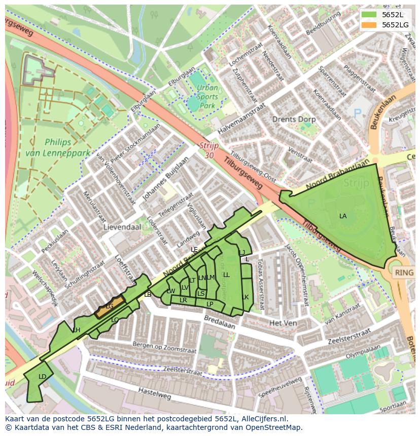 Afbeelding van het postcodegebied 5652 LG op de kaart.