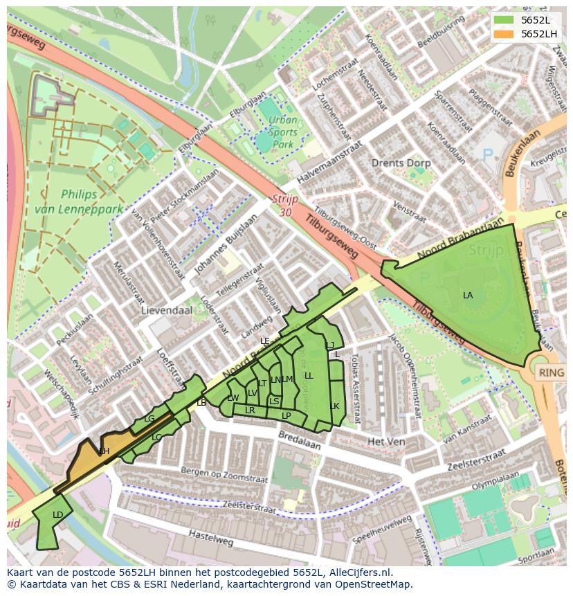 Afbeelding van het postcodegebied 5652 LH op de kaart.