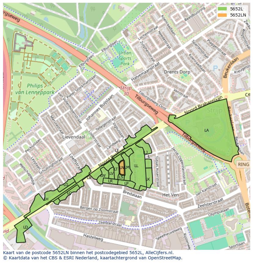 Afbeelding van het postcodegebied 5652 LN op de kaart.