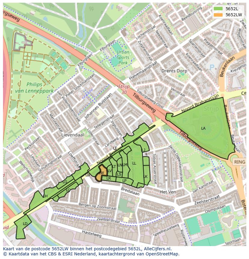 Afbeelding van het postcodegebied 5652 LW op de kaart.