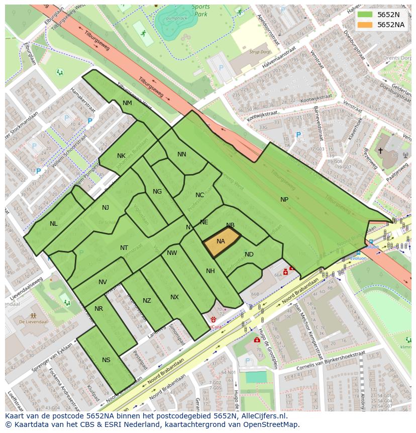 Afbeelding van het postcodegebied 5652 NA op de kaart.