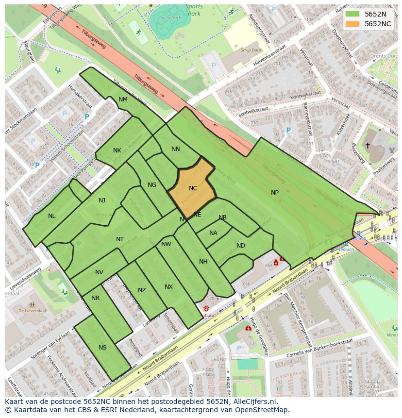 Afbeelding van het postcodegebied 5652 NC op de kaart.