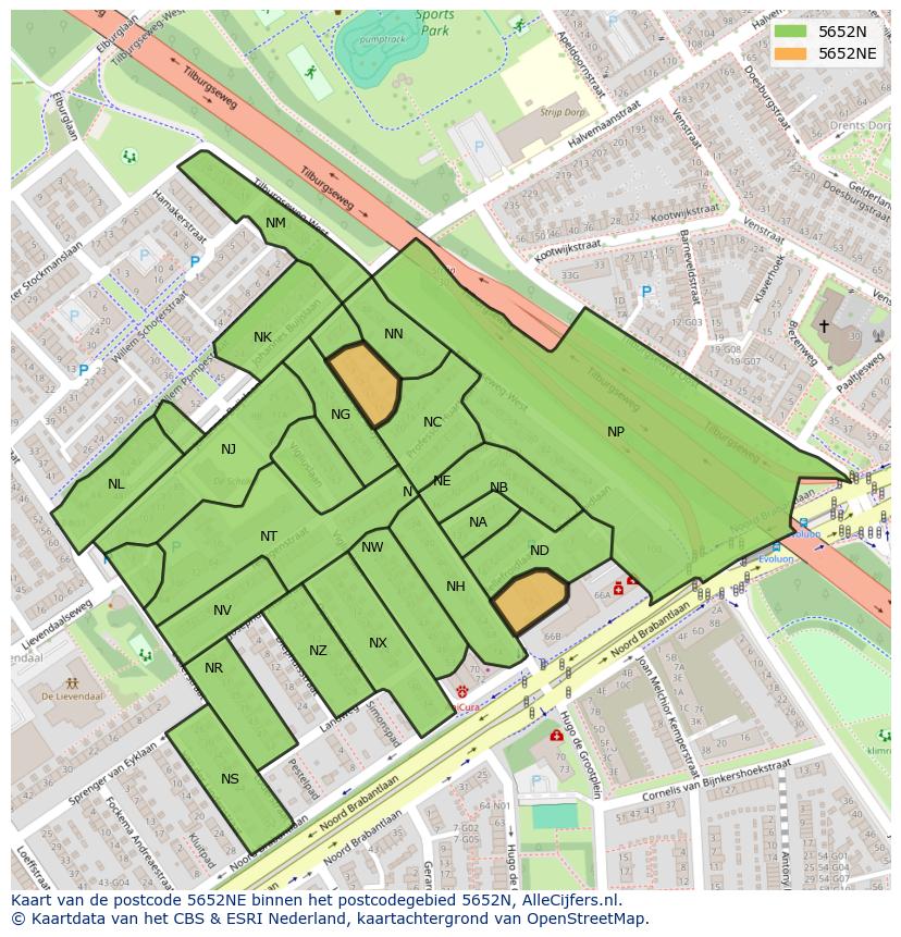 Afbeelding van het postcodegebied 5652 NE op de kaart.