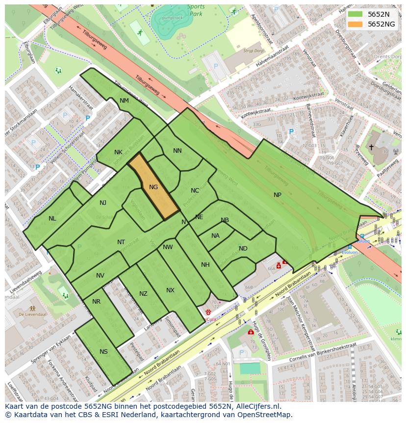 Afbeelding van het postcodegebied 5652 NG op de kaart.