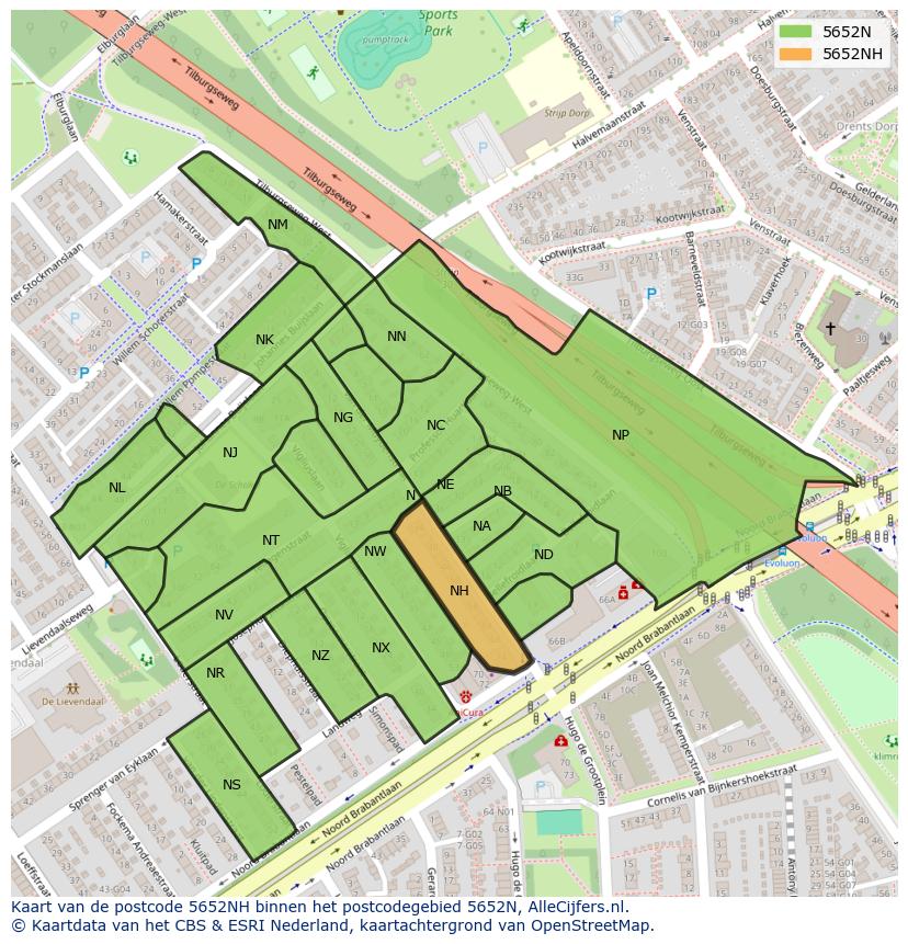 Afbeelding van het postcodegebied 5652 NH op de kaart.
