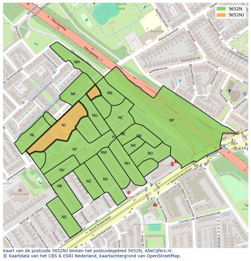 Afbeelding van het postcodegebied 5652 NJ op de kaart.