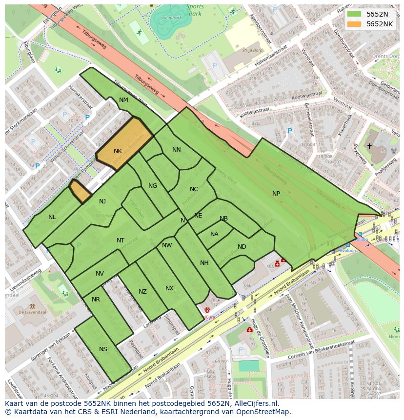 Afbeelding van het postcodegebied 5652 NK op de kaart.