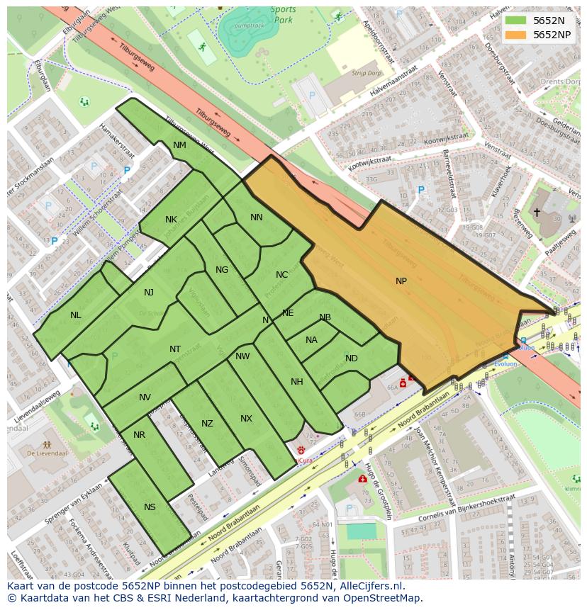 Afbeelding van het postcodegebied 5652 NP op de kaart.