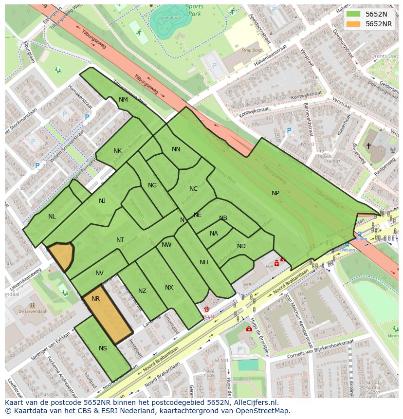 Afbeelding van het postcodegebied 5652 NR op de kaart.