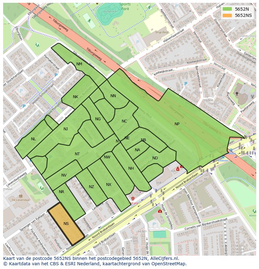 Afbeelding van het postcodegebied 5652 NS op de kaart.
