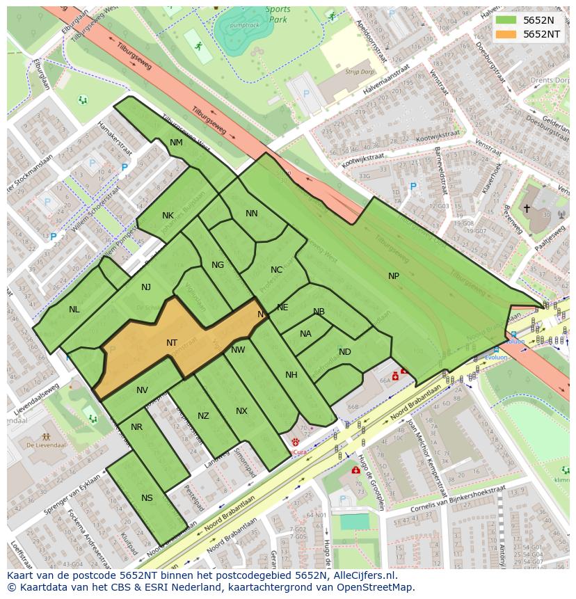 Afbeelding van het postcodegebied 5652 NT op de kaart.