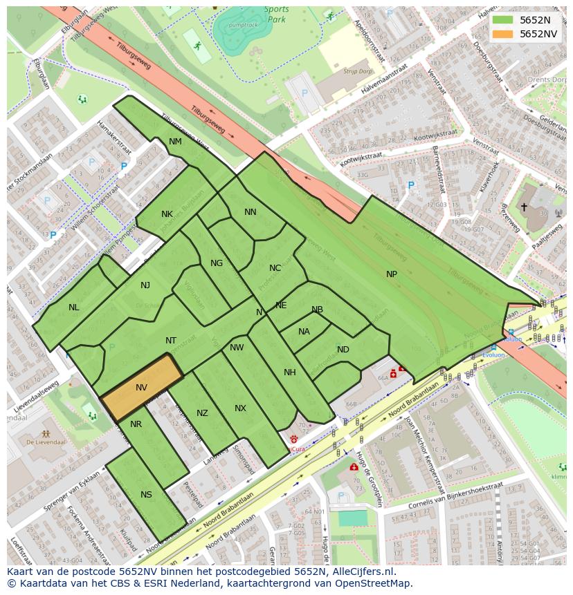 Afbeelding van het postcodegebied 5652 NV op de kaart.