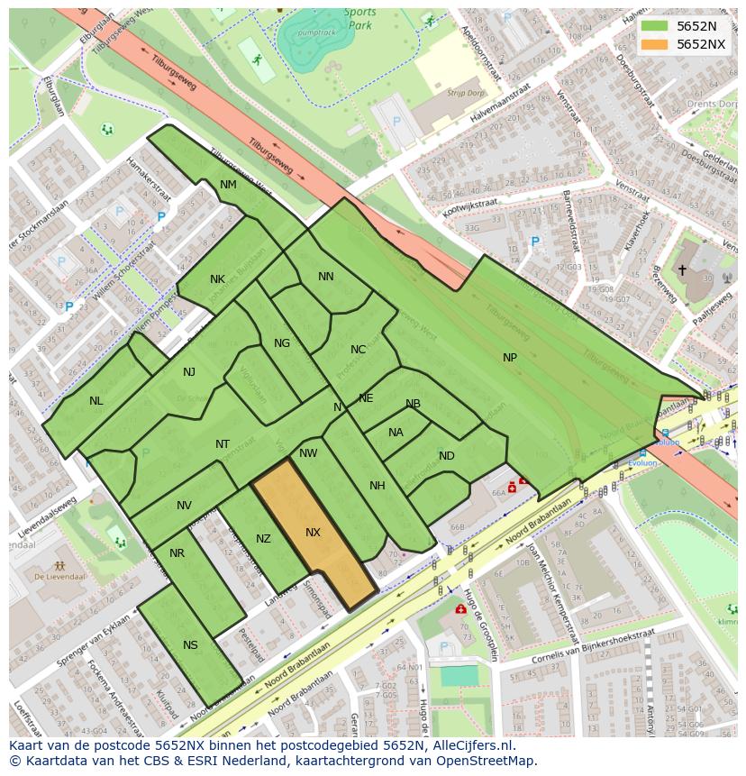Afbeelding van het postcodegebied 5652 NX op de kaart.