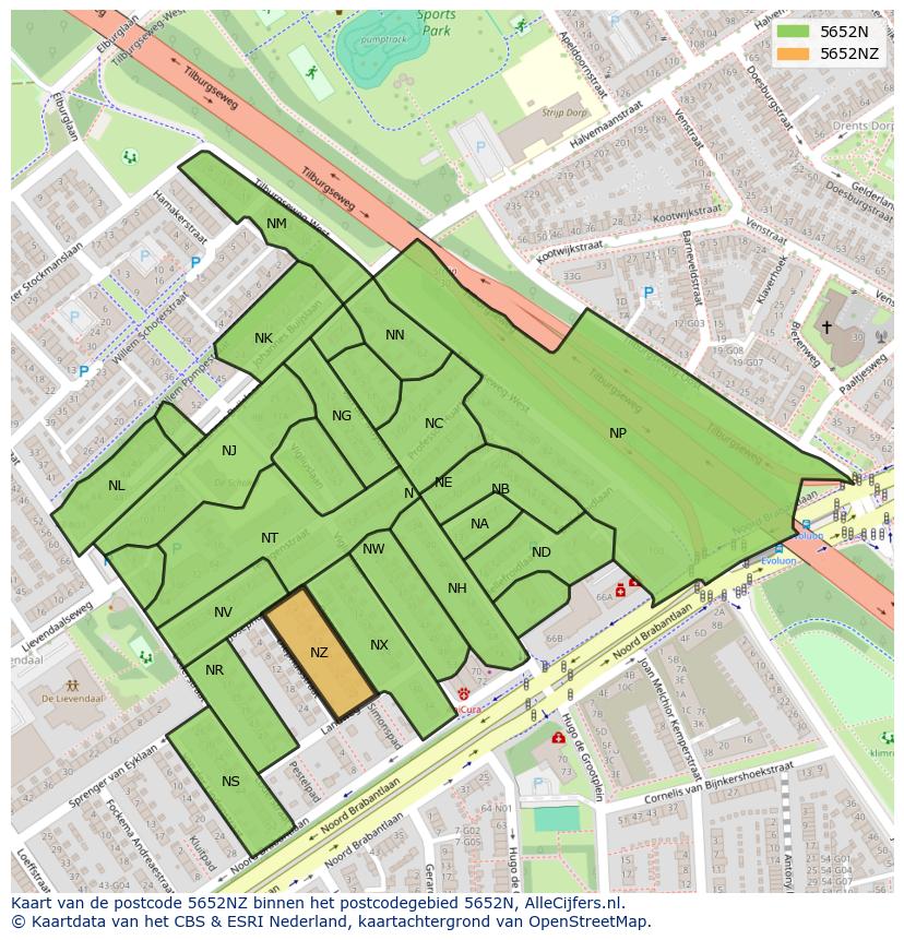 Afbeelding van het postcodegebied 5652 NZ op de kaart.
