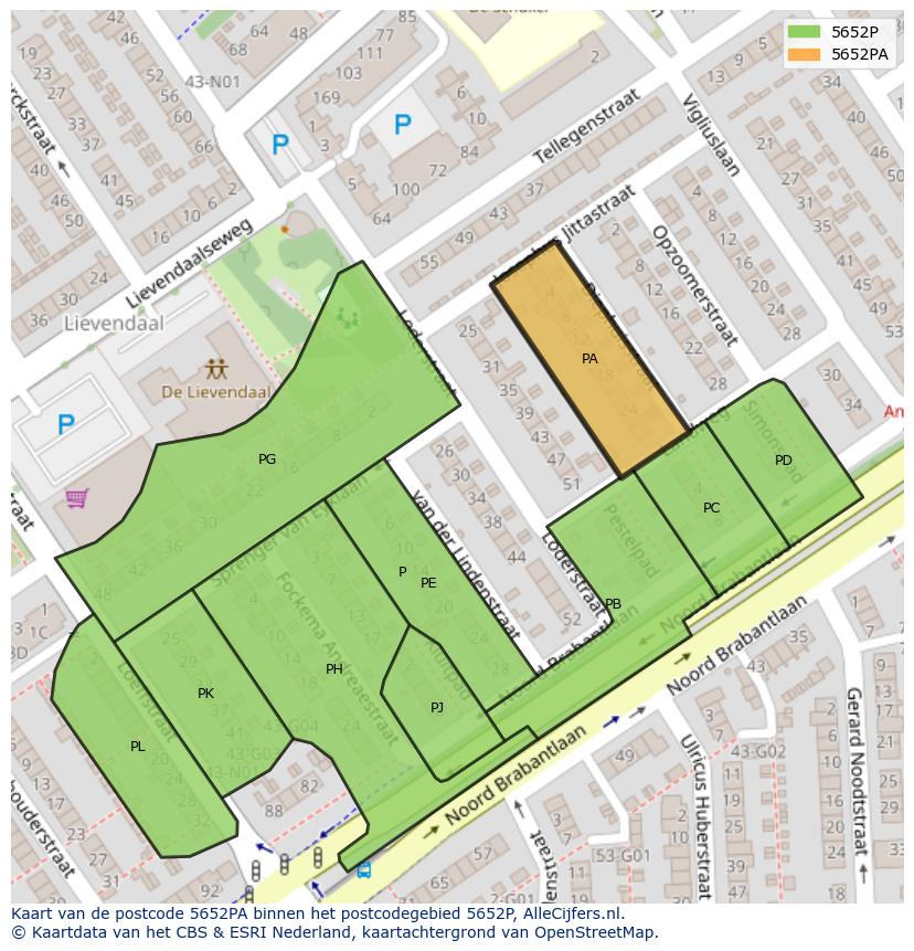 Afbeelding van het postcodegebied 5652 PA op de kaart.