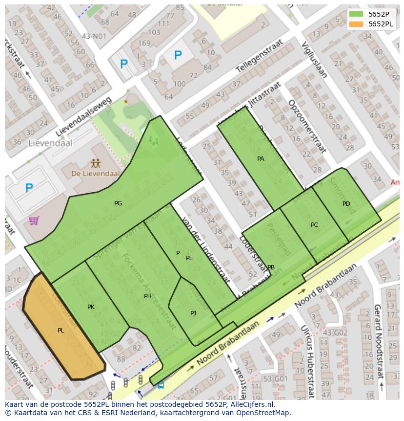 Afbeelding van het postcodegebied 5652 PL op de kaart.