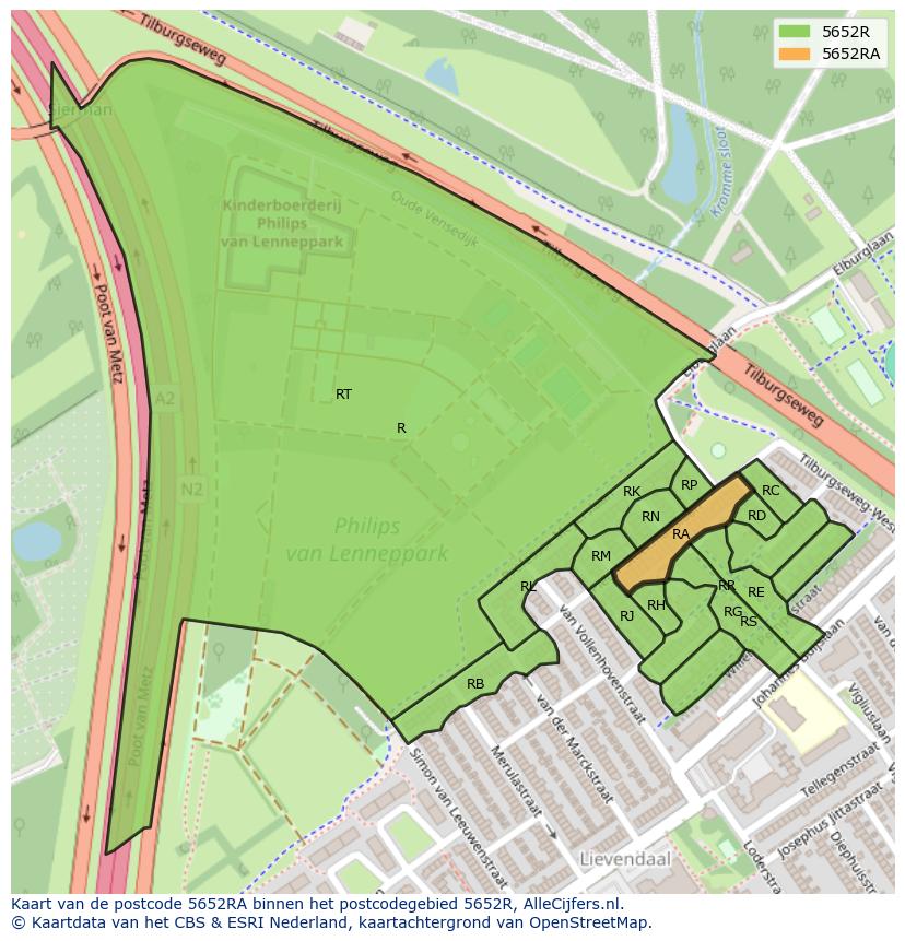 Afbeelding van het postcodegebied 5652 RA op de kaart.