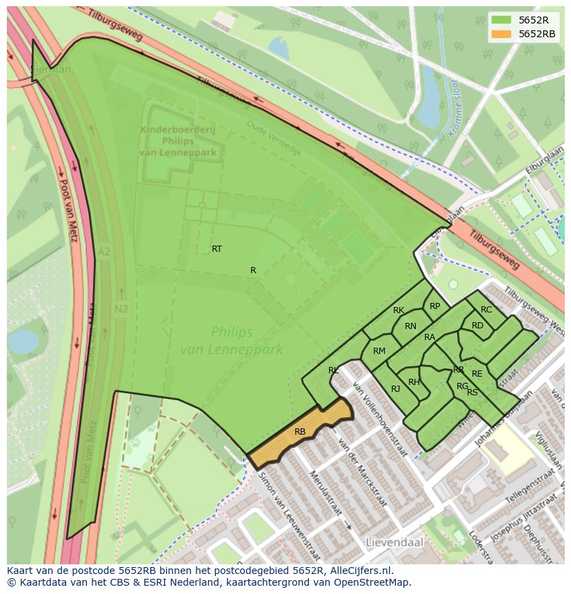 Afbeelding van het postcodegebied 5652 RB op de kaart.