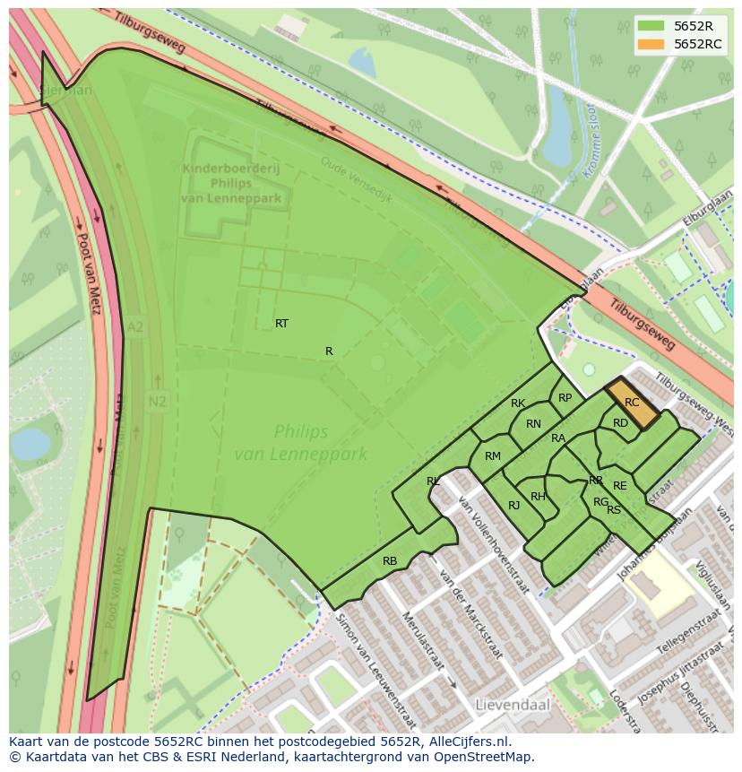 Afbeelding van het postcodegebied 5652 RC op de kaart.