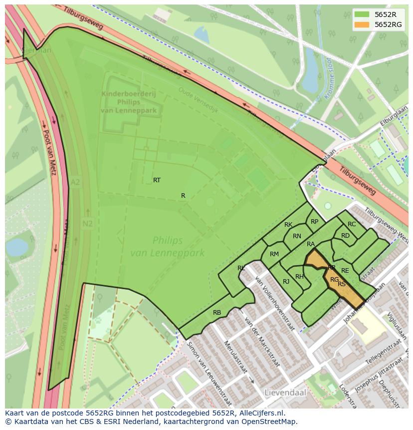 Afbeelding van het postcodegebied 5652 RG op de kaart.