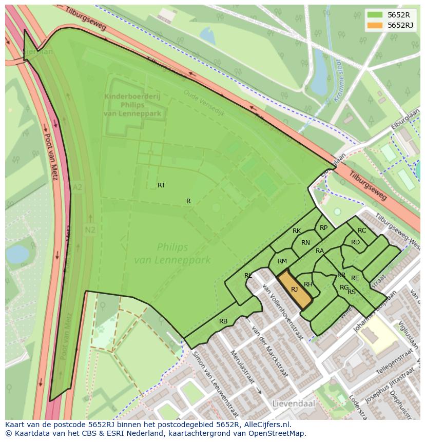 Afbeelding van het postcodegebied 5652 RJ op de kaart.