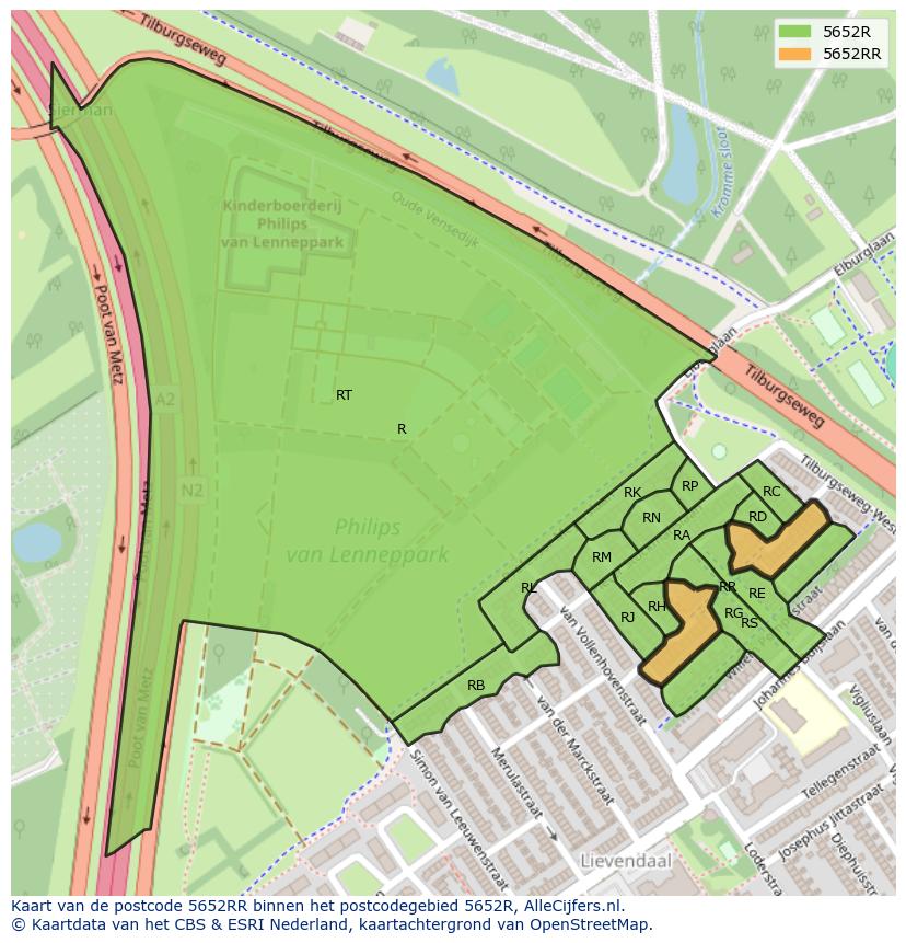 Afbeelding van het postcodegebied 5652 RR op de kaart.