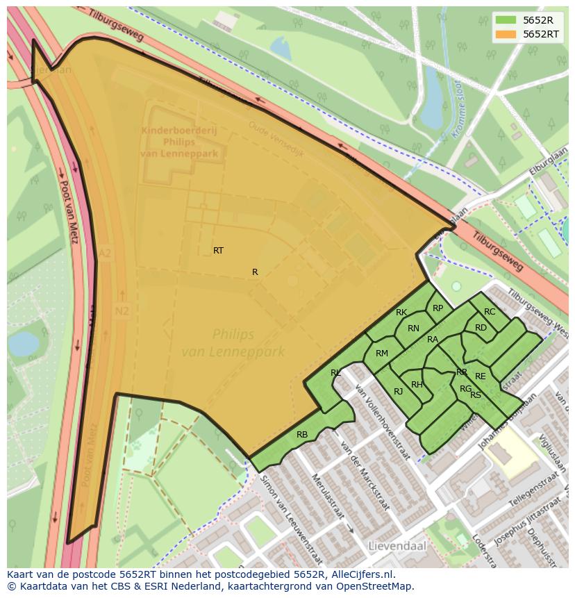 Afbeelding van het postcodegebied 5652 RT op de kaart.