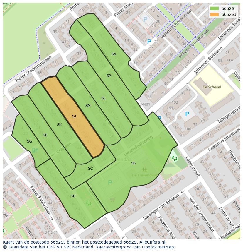 Afbeelding van het postcodegebied 5652 SJ op de kaart.