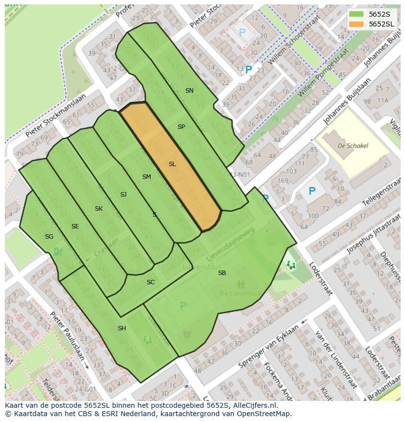 Afbeelding van het postcodegebied 5652 SL op de kaart.