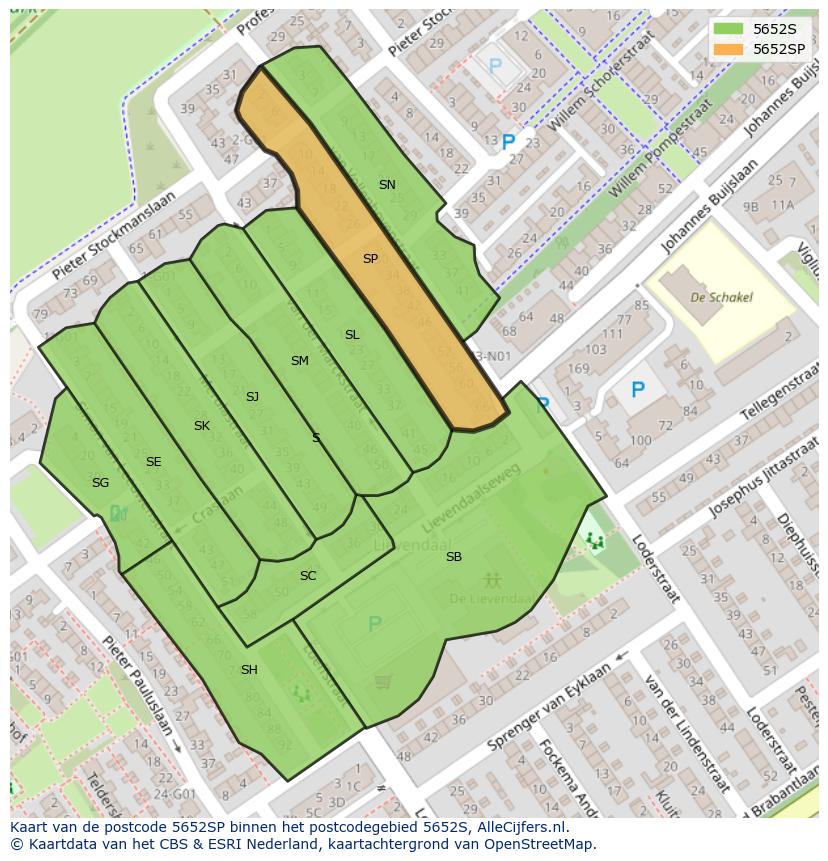 Afbeelding van het postcodegebied 5652 SP op de kaart.