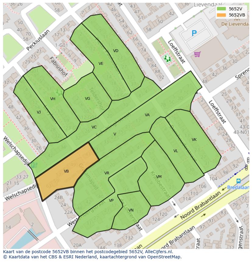 Afbeelding van het postcodegebied 5652 VB op de kaart.