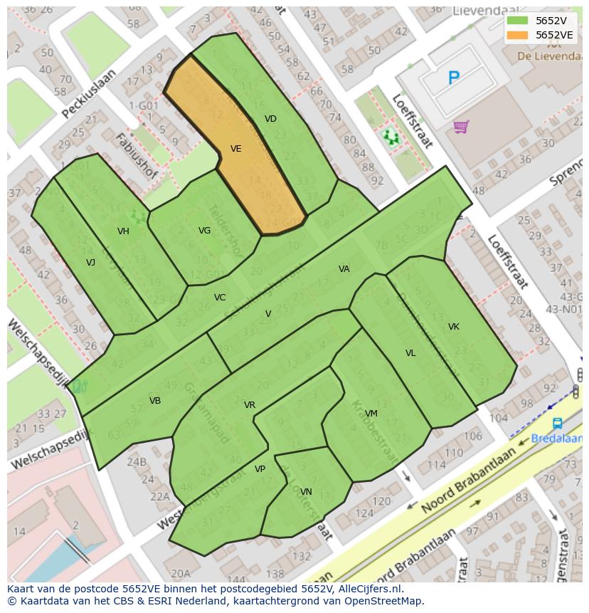 Afbeelding van het postcodegebied 5652 VE op de kaart.