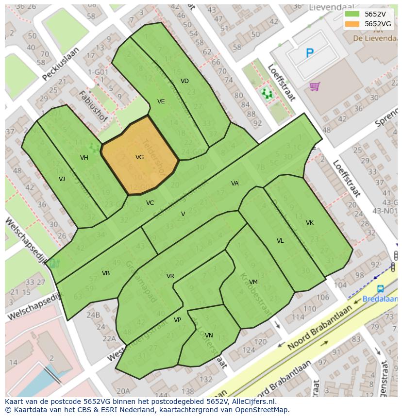 Afbeelding van het postcodegebied 5652 VG op de kaart.