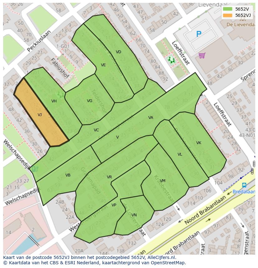 Afbeelding van het postcodegebied 5652 VJ op de kaart.